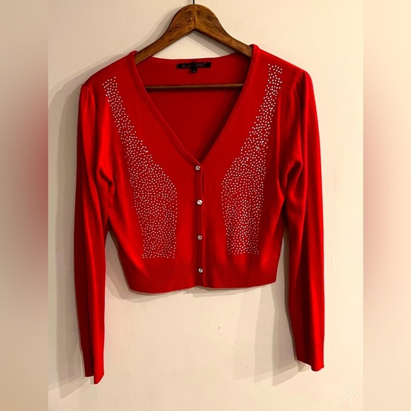 MEI FEI SE WU Women’s Red Rhinestone Embellished Button Down Cardigan Sweater - Picture 1 of 3